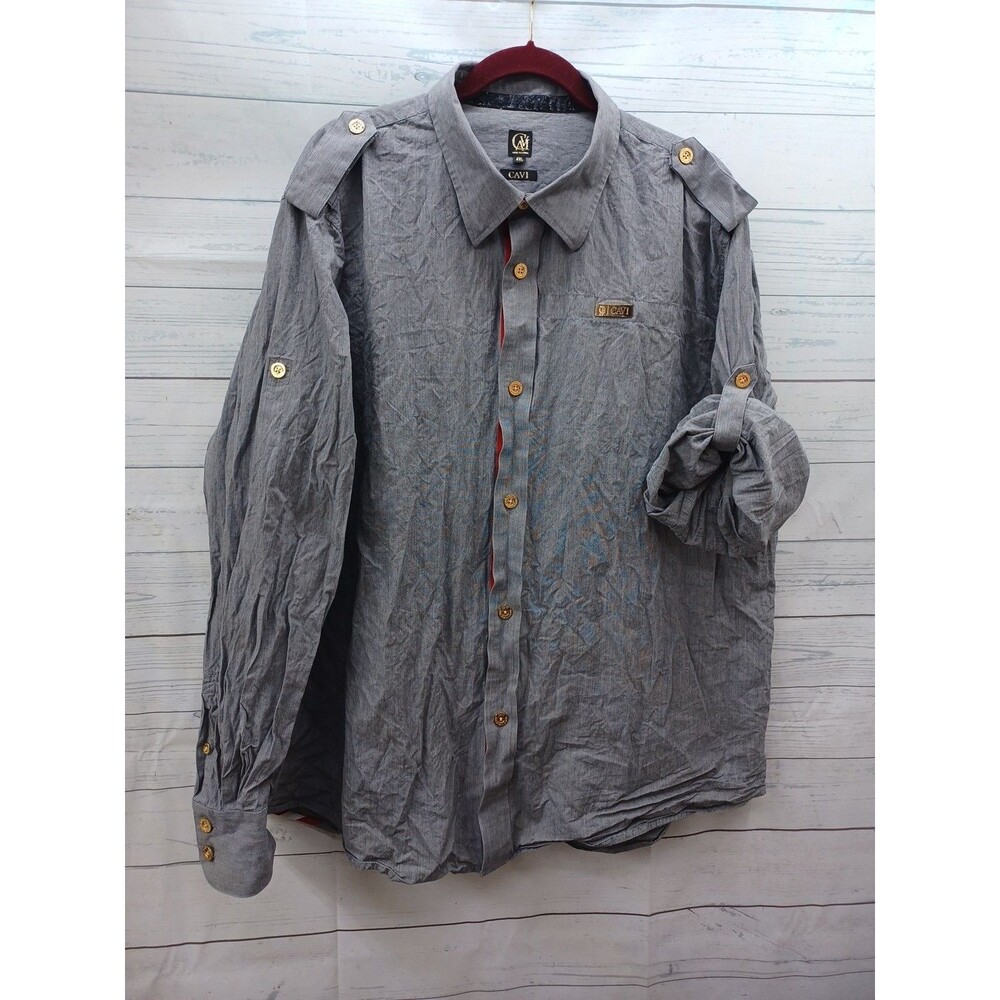 Cavi 4XL Button Military Style Shirt Roll Tab Long Sleeve Gray Gold Buttons
